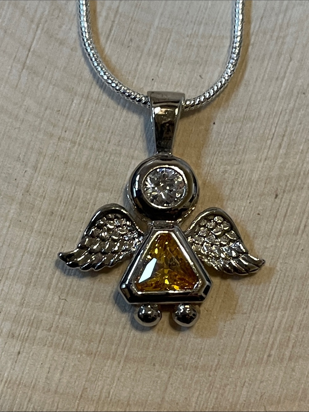 Sterling Silver Angel Pendant Necklace with Citrine and clear CZ